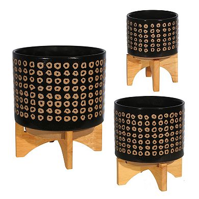 9 Inch Ceramic Round Planter, Wood Stand, Circular Pattern, Medium, Black