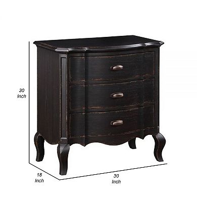 Cherry 30 Inch Nightstand, 3 Drawers, Cabriole Legs, Rubberwood, Black