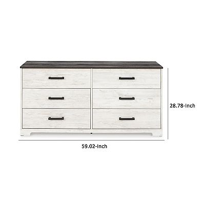 Wisp 59 Inch Wood Dresser, 6 Gliding Drawers, Rustic Crisp White Finish
