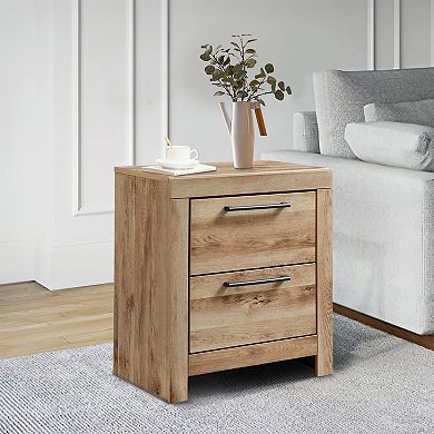Amy 24 Inch Modern Wood Nightstand, 2 Drawers, 2 Usb Ports, Natural Brown