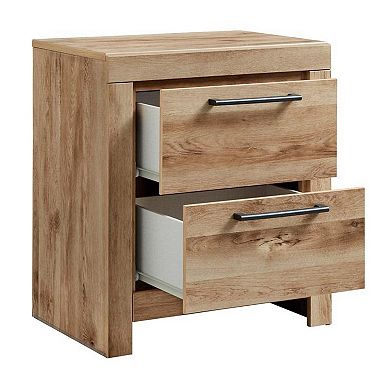 Amy 24 Inch Modern Wood Nightstand, 2 Drawers, 2 Usb Ports, Natural Brown