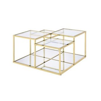 Coffee Table with Glass Top and Tubular Frame, Gold