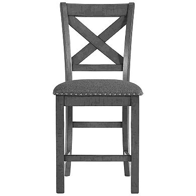 Barstool With Wooden X Shaped Back And Fabric Seat, Set Of 2, Gray