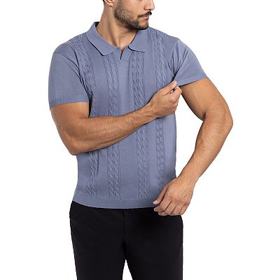 Men's Cable Knit Johnny Collar Short Sleeve Polo Sweater