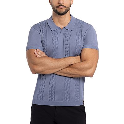 Men's Cable Knit Johnny Collar Short Sleeve Polo Sweater