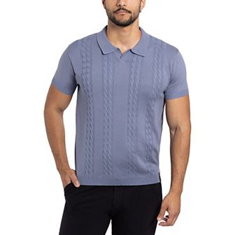 Men's Cable Knit Johnny Collar Short Sleeve Polo Sweater