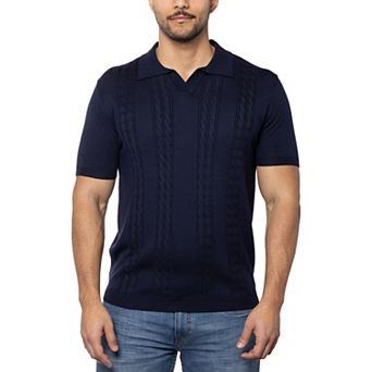 Men's Cable Knit Johnny Collar Short Sleeve Polo Sweater