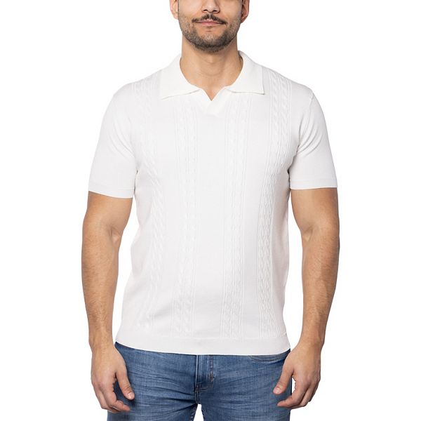 Men's Cable Knit Johnny Collar Short Sleeve Polo Sweater