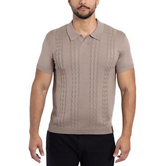 Men's Cable Knit Johnny Collar Short Sleeve Polo Sweater