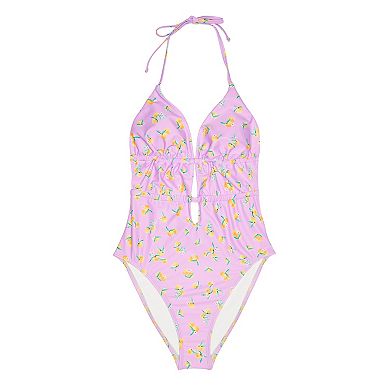Juniors' Ninety-Nine° Shirred Y-Neck Halter One-Piece Swimsuit