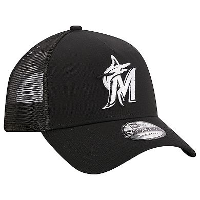 Men's New Era Black Miami Marlins A-Frame 9FORTY Trucker Adjustable Hat