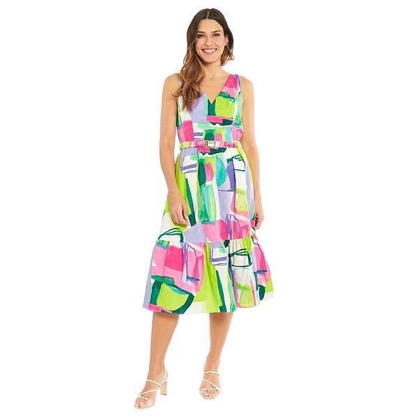 Women's London Times Bungee Belt Tiered Midi Dress - Geo Multi (12)