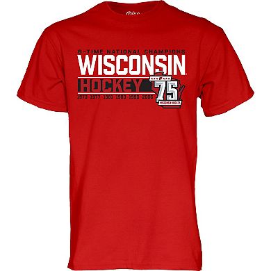 Men's Blue 84  Red Wisconsin Badgers Men's Hockey 75th Season & Six-Time National Champions T-Shirt