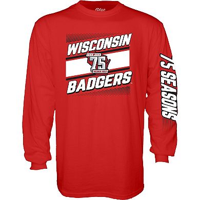 Men's Blue 84  Red Wisconsin Badgers Men's Hockey 75th Season Long Sleeve T-Shirt