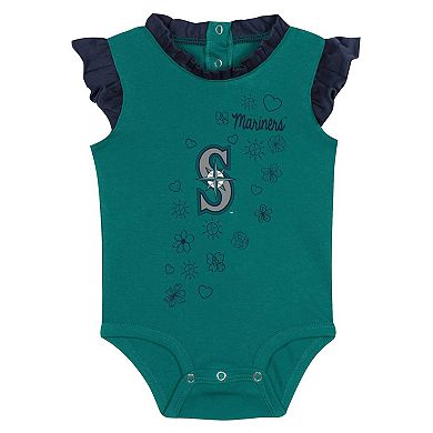 Girls Newborn & Infant Fanatics Branded Aqua Seattle Mariners Happy Baseball Bodysuit, Bib & Bootie Set