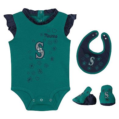 Girls Newborn & Infant Fanatics Branded Aqua Seattle Mariners Happy Baseball Bodysuit, Bib & Bootie Set