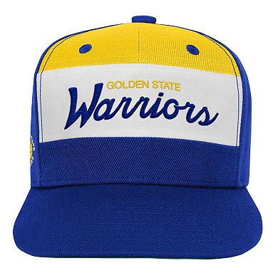Youth Mitchell & Ness White/Royal Golden State Warriors Retro Sport Color Block Script Snapback Hat