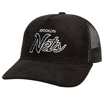 Men's Mitchell & Ness Black Brooklyn Nets Times Up Classic Script Cord Trucker Hat