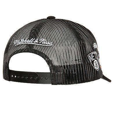 Men's Mitchell & Ness Black Brooklyn Nets Times Up Classic Script Cord Trucker Hat
