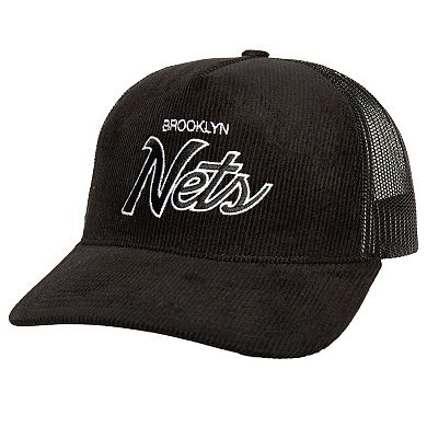 Men's Mitchell & Ness Black Brooklyn Nets Times Up Classic Script Cord Trucker Hat