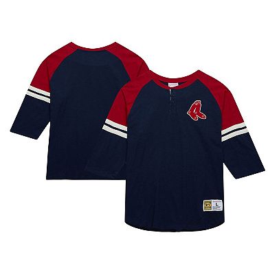 Men's Mitchell & Ness Navy Boston Red Sox Cooperstown Collection Legendary Raglan Slub Henley 3/4-Sleeve T-Shirt