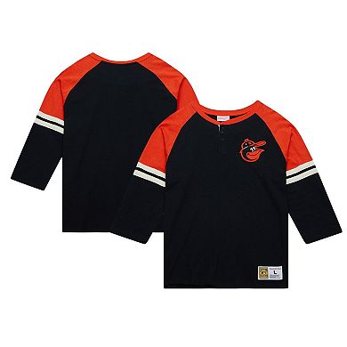 Men's Mitchell & Ness Black Baltimore Orioles Cooperstown Collection Legendary Raglan Slub Henley 3/4-Sleeve T-Shirt