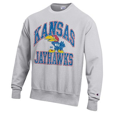 Men's Champion Heather Gray Kansas Jayhawks Vault Late Night Reverse Weave Pullover Sweatshirt