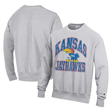 Men's Champion Heather Gray Kansas Jayhawks Vault Late Night Reverse Weave Pullover Sweatshirt