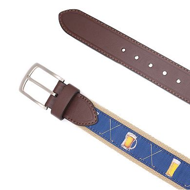 Pebble Beach Men's Ribbon Belt With Golf Clubs And Beer