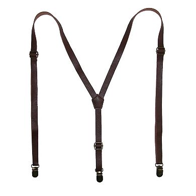 Men's Brown Plaid Bow Tie With Brown Faux Leather Suspender Set