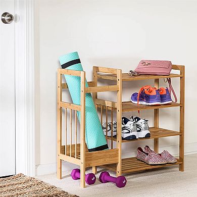 Freestanding Natural Wicker Shoe Rack with Umbrella Storage, Holds Up to 8 Pairs of Shoes 29" W