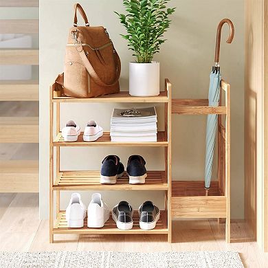 Freestanding Natural Wicker Shoe Rack with Umbrella Storage, Holds Up to 8 Pairs of Shoes 29" W
