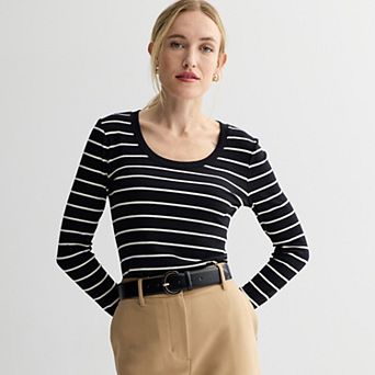Women's Nine West Long Sleeve Scoopneck Rib Shirt