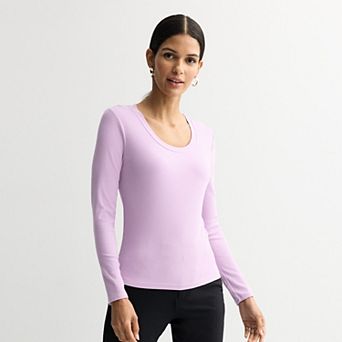 Women's Nine West Long Sleeve Scoopneck Rib Shirt
