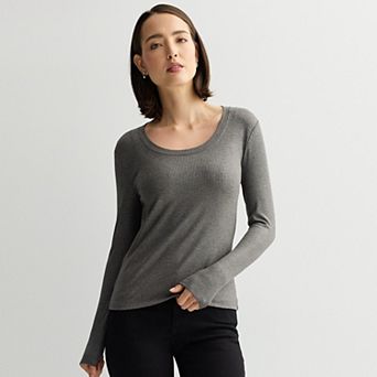 Women's Nine West Long Sleeve Scoopneck Rib Shirt