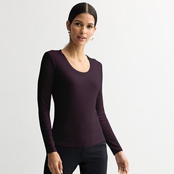 Women's Nine West Long Sleeve Scoopneck Rib Shirt