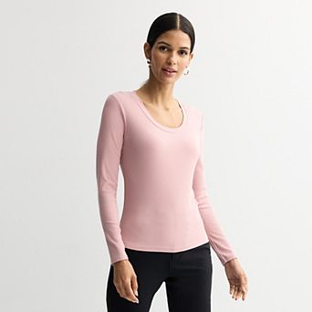 Women's Nine West Long Sleeve Scoopneck Rib Shirt