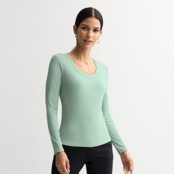 Women's Nine West Long Sleeve Scoopneck Rib Shirt