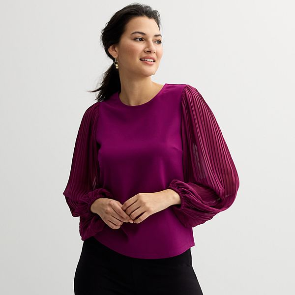 Women's Nine West Sheer Pleated Long Sleeve Top - Australian Orchid (X SMALL)