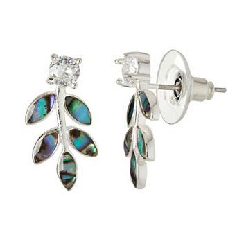 City Luxe Silver Tone Abalone & Cubic Zirconia Leaf Drop Earrings