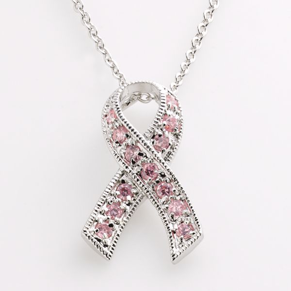 Silver-Tone Cubic Zirconia Breast Cancer Awareness Ribbon Pendant