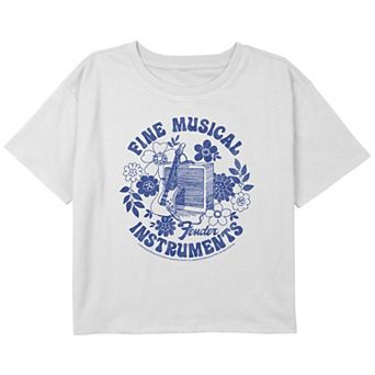 Girls Fender Fine Musical Instruments Flowers Boxy Cropped Graphic Tee