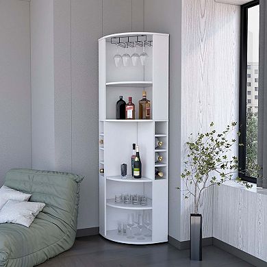 Clifton Corner Bar Cabinet, With 5 Shelves, Cup Hanger And Eight Built-in Wine Rack