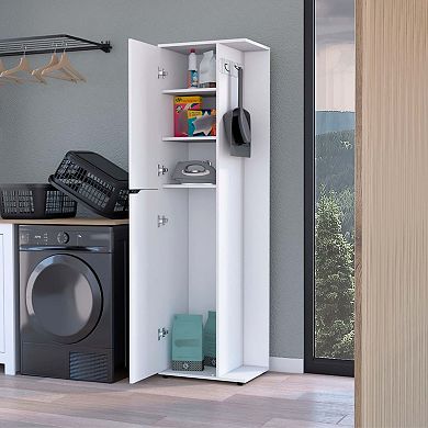 Harper Broom Cabinet, With 2 Doors, 3 Shelves And A Holder