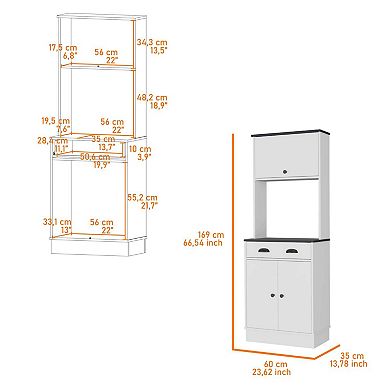 Tennant Kitchen Pantry With Drawer, 2 Cabinets, And Microwave Stand