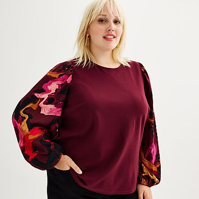 Plus Size Nine West Mixed Long Puff Sleeve Crewneck Top
