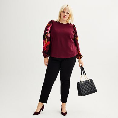 Plus Size Nine West Mixed Long Puff Sleeve Crewneck Top
