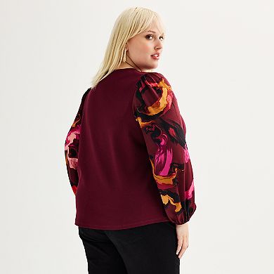 Plus Size Nine West Mixed Long Puff Sleeve Crewneck Top