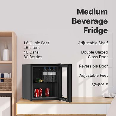 SnowLion Premium 46L Glass Door Beverage Refrigerator 1.6 Cu.ft. Freestanding Mini Fridge