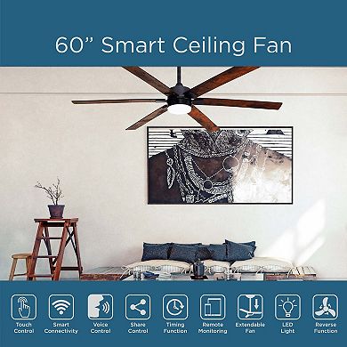 ONE SMART 60" Wifi Smart Ceiling Fan, Reversible, Color Temp Adjustable Led Light Walnut